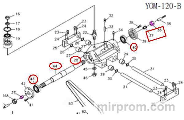 Корпус шпинделя (поз.28) в сборе (поз.36,37,40,43,44,63) для станка мод. YOM-120A